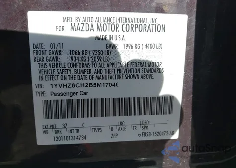 2011 Mazda Mazda6 I Touring from USA, damaged, VIN 1YVHZ8CH2B5M17046